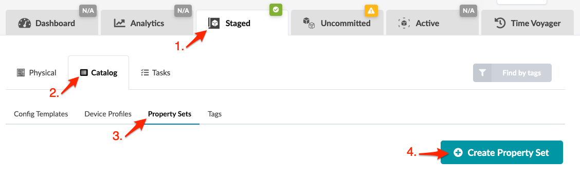 User interface for device management software with Staged tab active. Catalog and Property Sets are selected. Create Property Set button available.