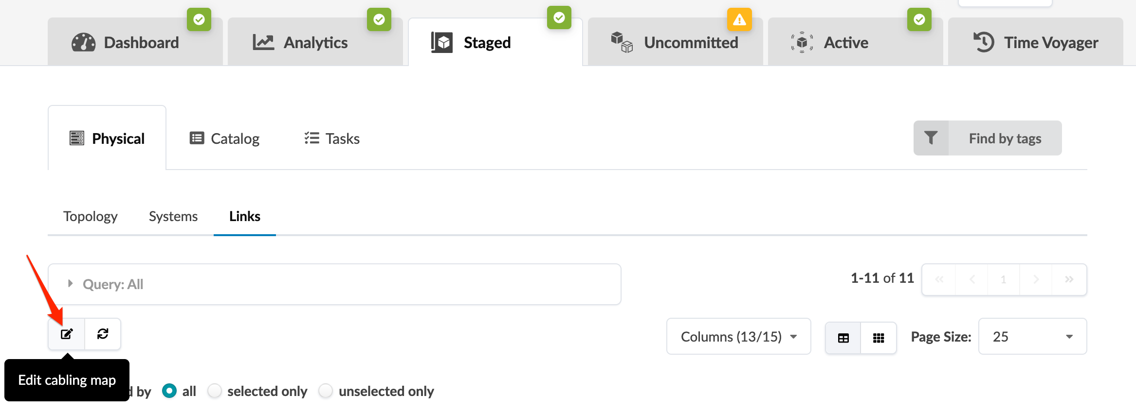 User interface screenshot of a network management app with navigation tabs. Uncommitted tab shows a warning. Selected: Physical > Links. Edit cabling map option highlighted. Pagination controls and search/filter features visible.