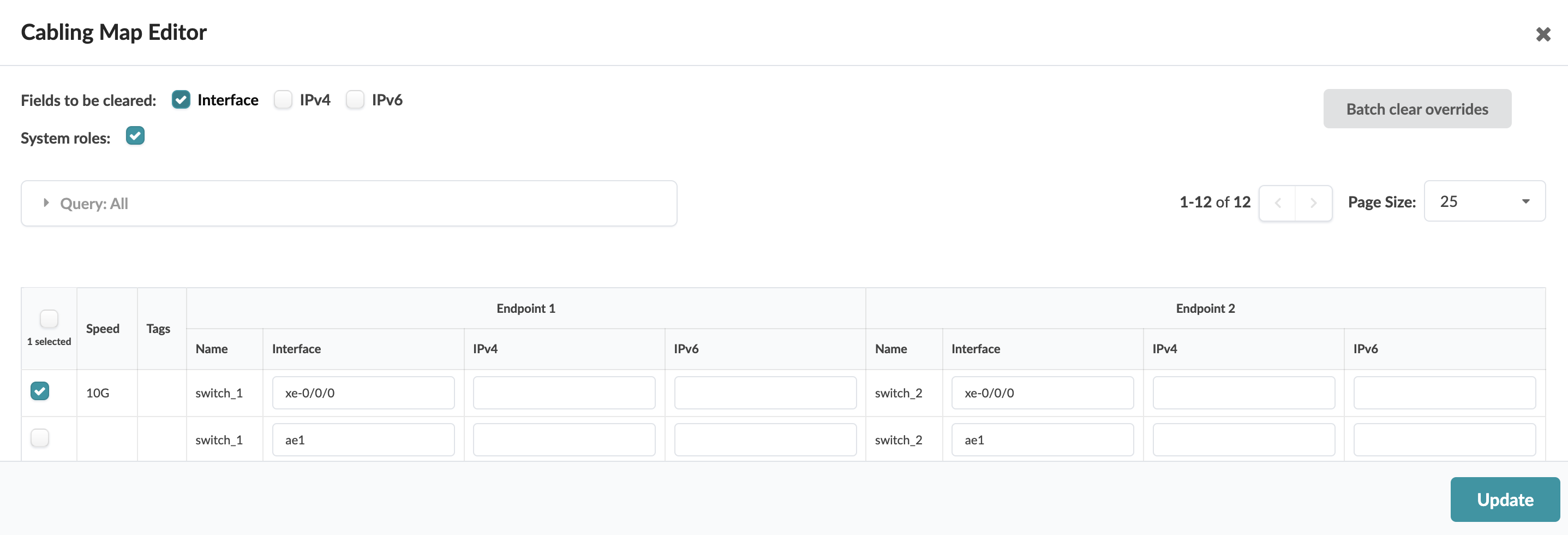 Cabling Map Editor interface for managing network connections, with options to clear fields, enable system roles, search data, view connection details in a table, and update configurations.