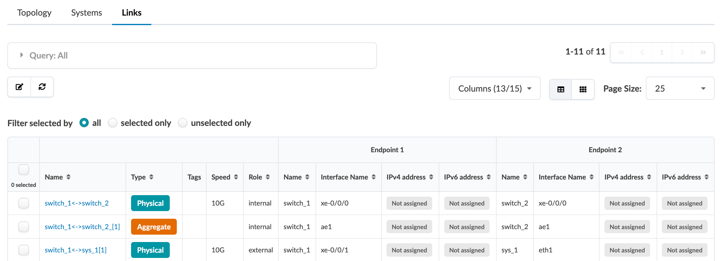 Network management interface showing Links tab with details of connections between devices. Includes filters, search, table of links with name, type, speed, and endpoint information.