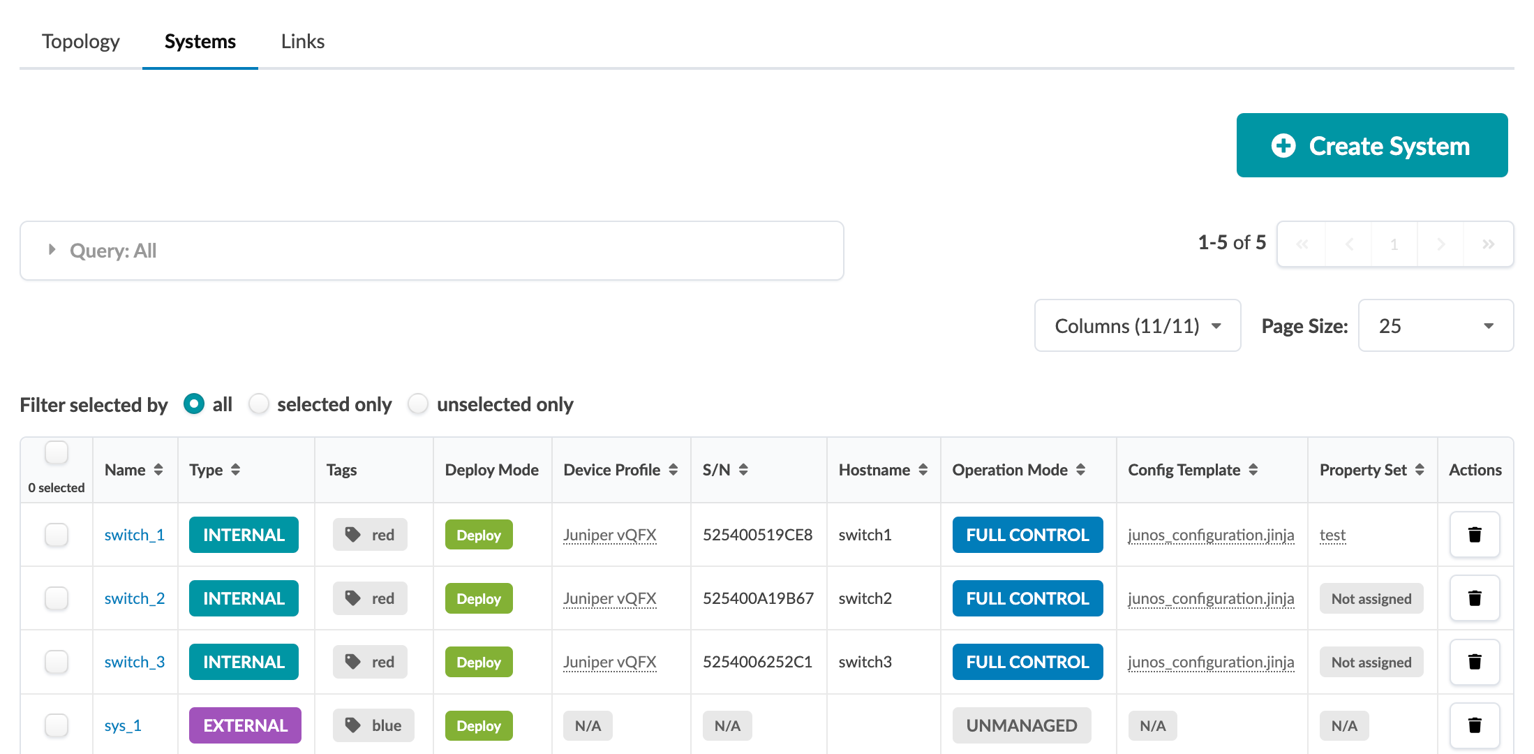 User interface of a network management tool showing a table of systems with details like name, type, tags, deployment status, device profile, serial number, hostname, operation mode, config template, property set, and actions. Includes options for filtering, adding new systems, pagination, and column visibility.
