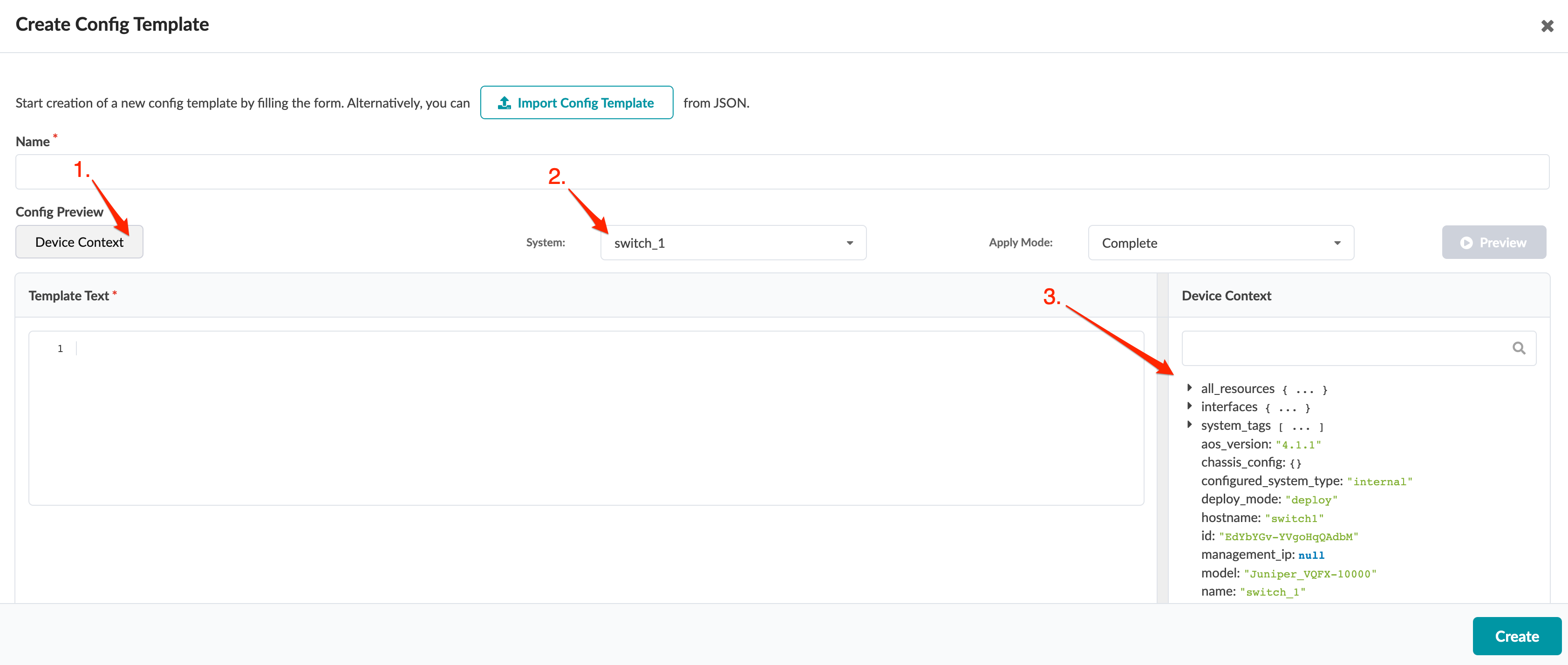 User interface for creating a network device configuration template with fields for name, system selection, and device context panel.