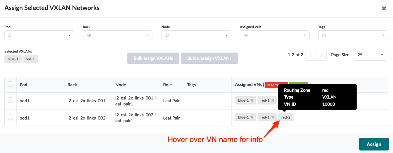 User interface for assigning VXLANs with filters for Pods, Racks, Nodes, Assigned VNs, and Tags. Selected VXLANs: blue-1 and red-1.