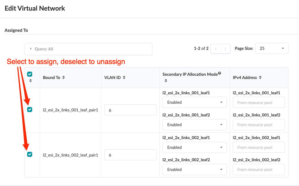 User interface for editing virtual network configuration with options to assign or unassign resources.