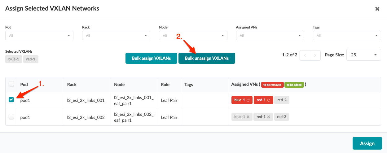 User interface screenshot for managing VXLAN networks with filters, bulk actions, and a table of VXLAN details.