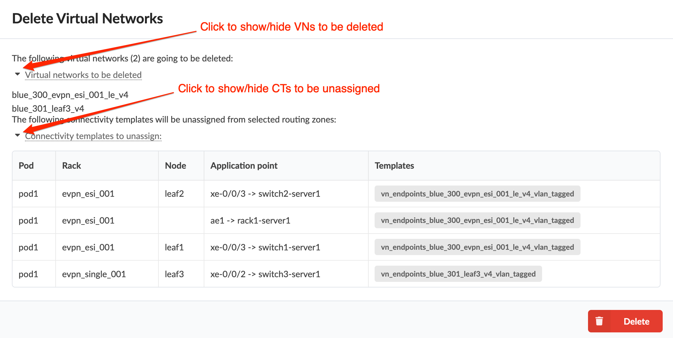 Delete Virtual Networks interface showing lists of virtual networks and connectivity templates to be unassigned, with toggles to show or hide details. Red Delete button initiates process.