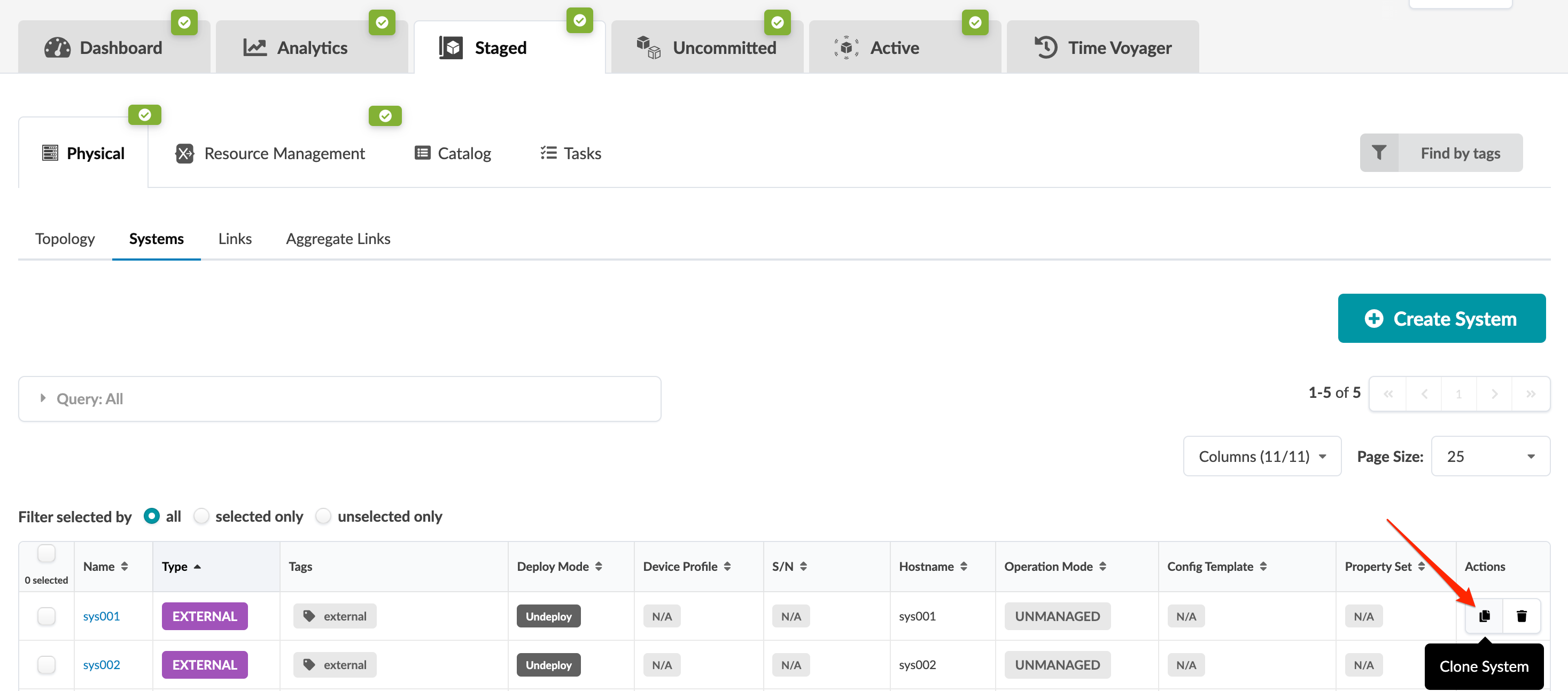 User interface of a system management tool with tabs like Dashboard and Analytics, a systems table with columns like Name and Type, and a highlighted Clone System button.