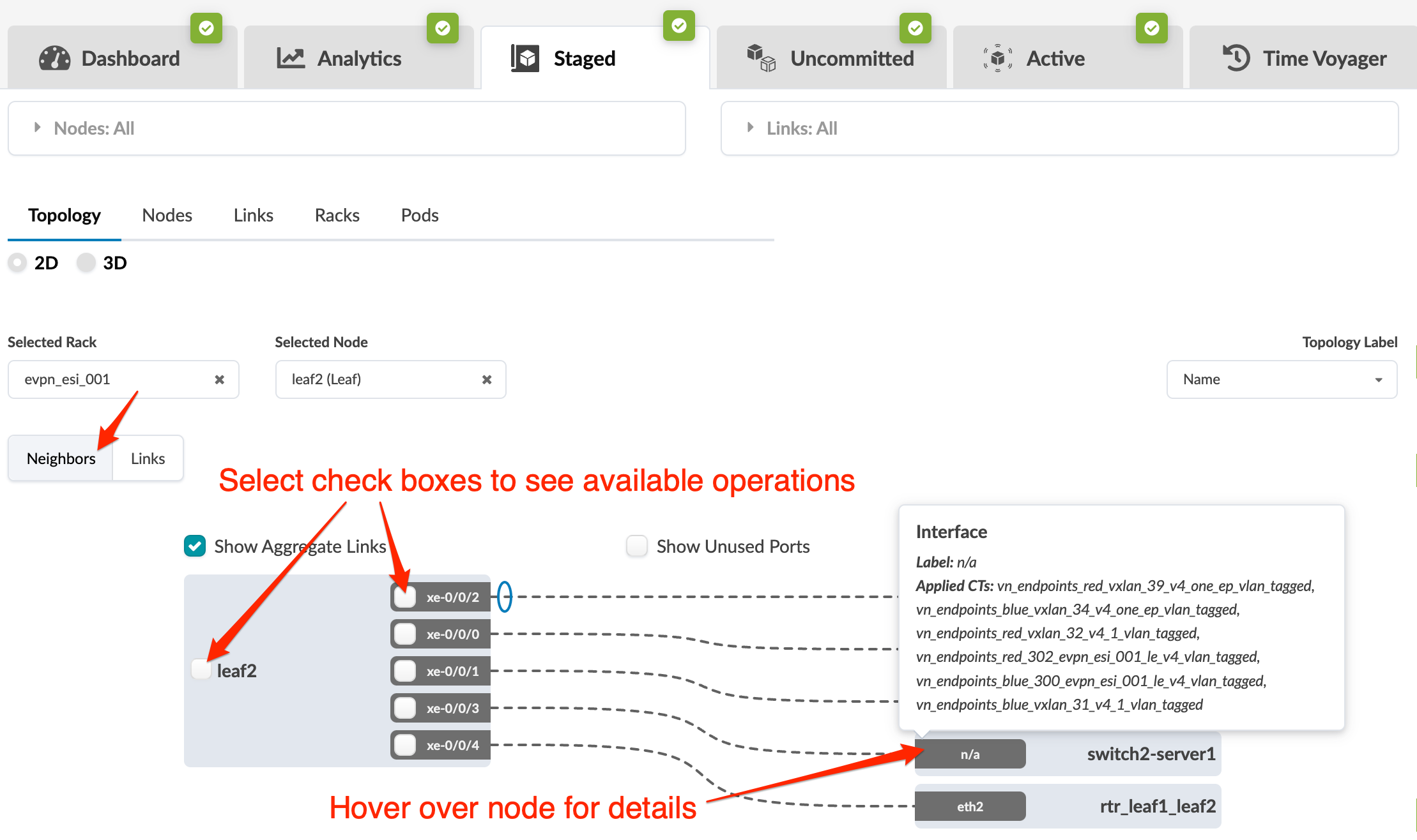 Screenshot of a network tool interface showing a 2D topology view with nodes and links. Tabs include Dashboard and Time Voyager. Selected rack is evpn_esi_001 and node is leaf2 Leaf. Options to show aggregate links and unused ports are visible.
