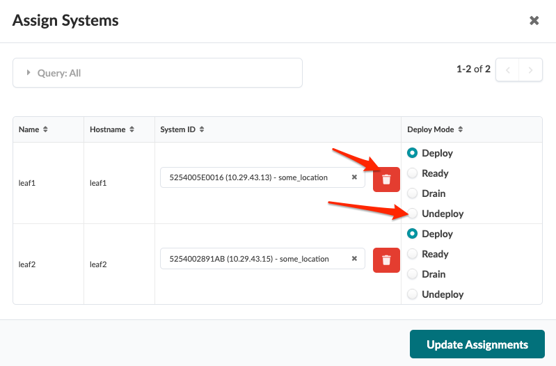 User interface for assigning systems, showing a table with system names, hostnames, IDs, deploy modes set to Undeploy, red trash can icons for deletion, pagination, and Update Assignments button.