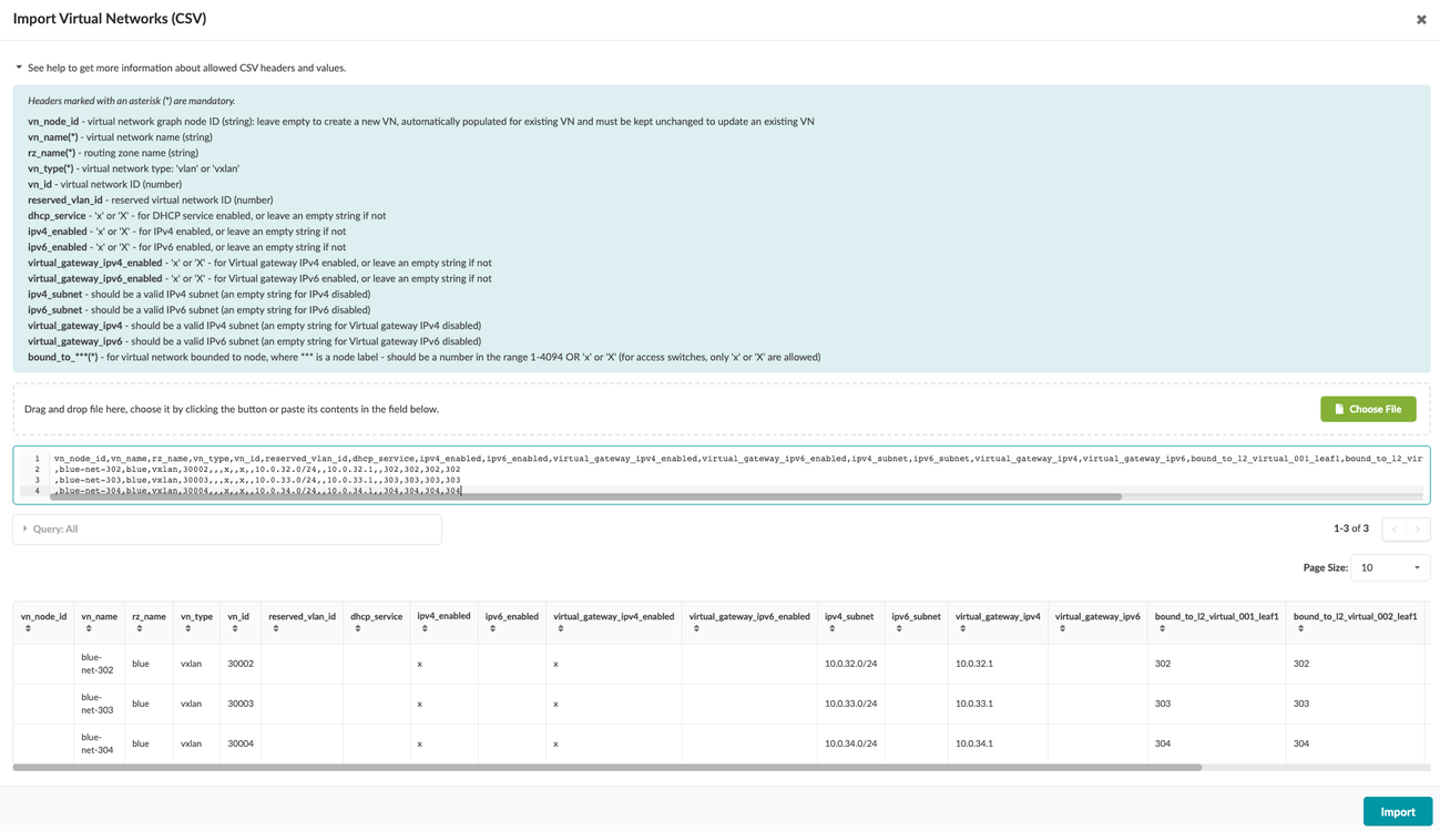 User interface for importing virtual networks using a CSV file. Includes instructions, CSV input area, table preview of parsed data, pagination controls, and an Import button for finalizing configurations.