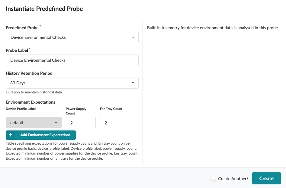 User interface for configuring a probe called Device Environmental Checks with options for setting parameters like history retention period and environment expectations.