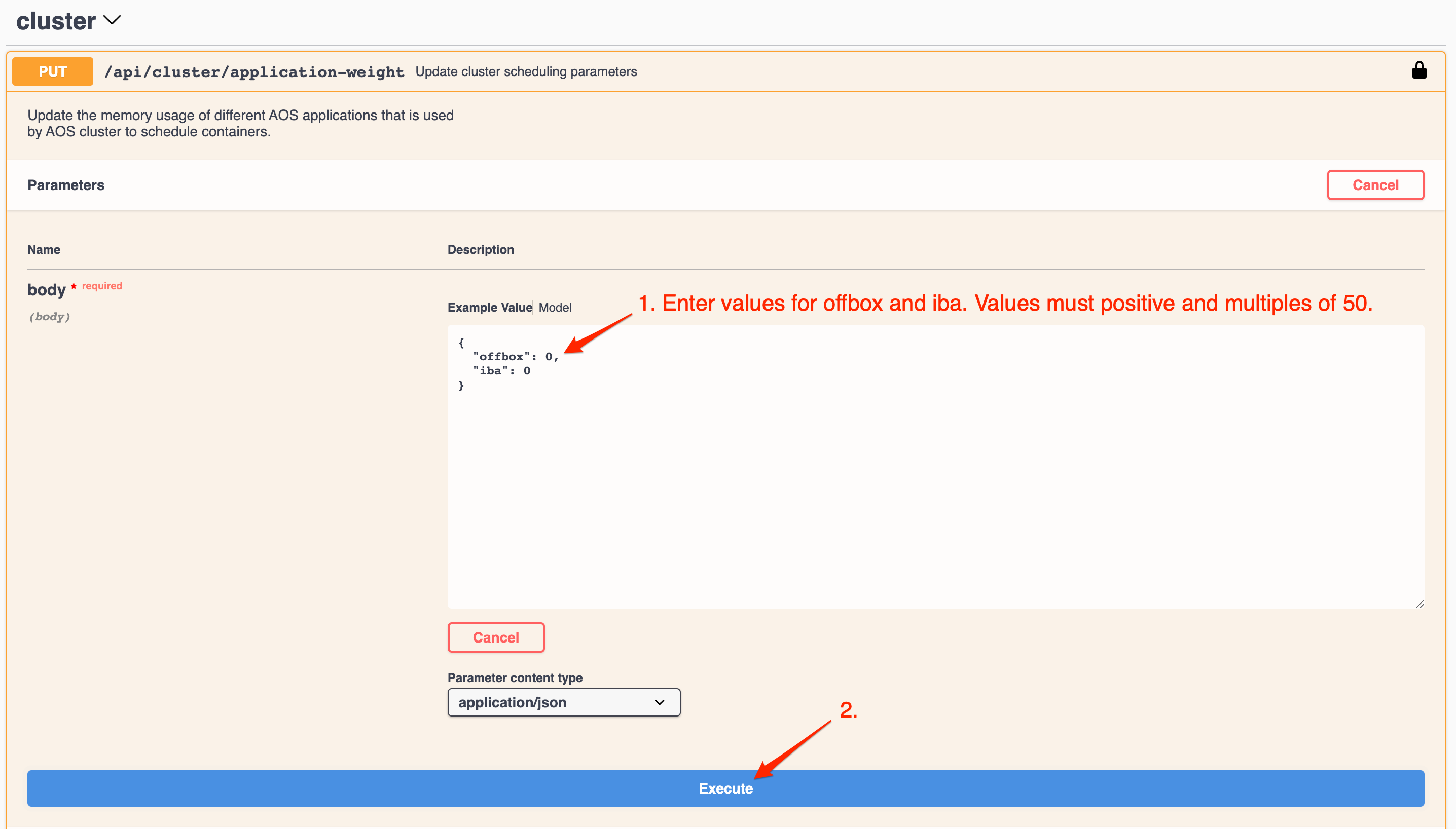 Screenshot of an API interface for updating AOS application memory usage. Endpoint: PUT /api/cluster/application-weight. Body requires offbox and iba values, positive and multiples of 50. Execute button to send request.