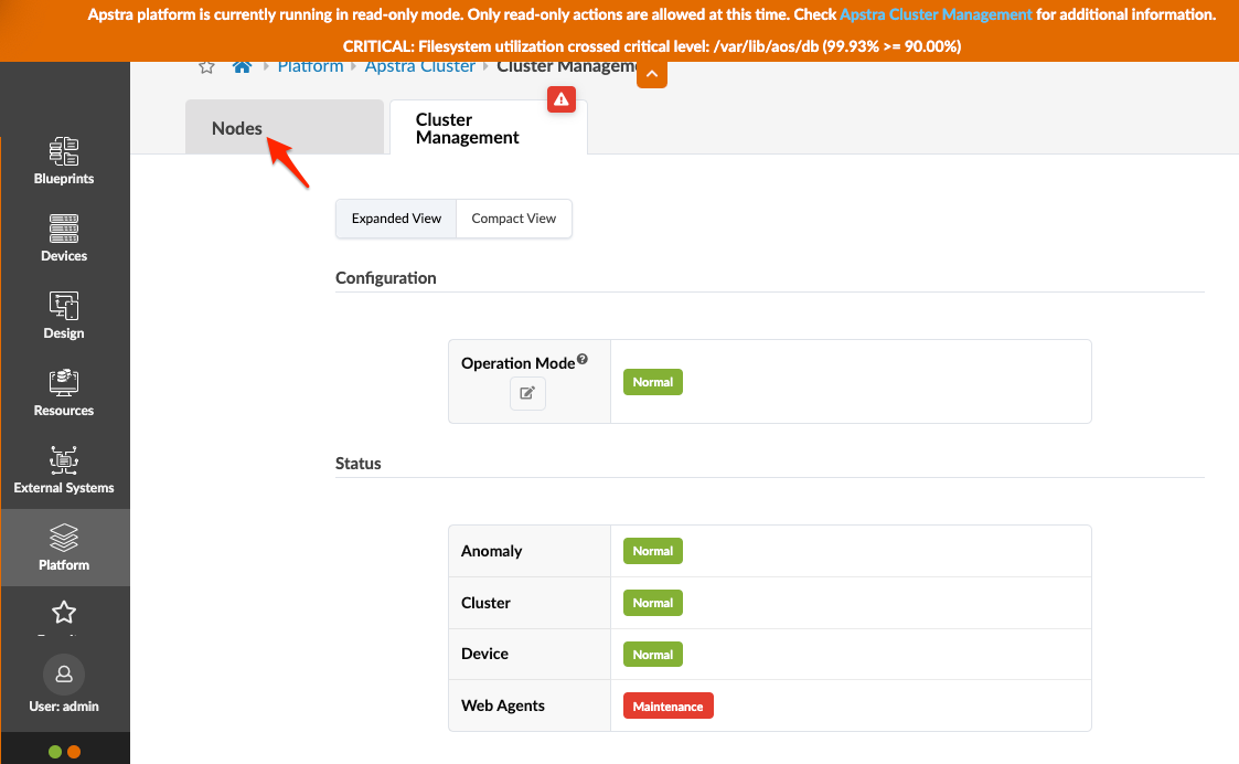 Apstra interface in read-only mode with critical filesystem alert at 99.93 percent utilization. Web Agents status shows Maintenance in red. Red arrow points to Nodes tab.