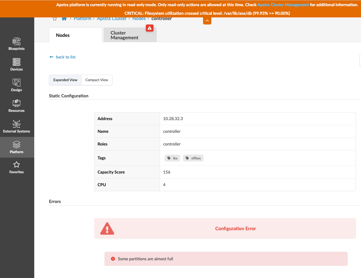Juniper Apstra interface showing Nodes section; read-only mode active due to critical filesystem utilization at 99.93 percent; immediate storage action needed.