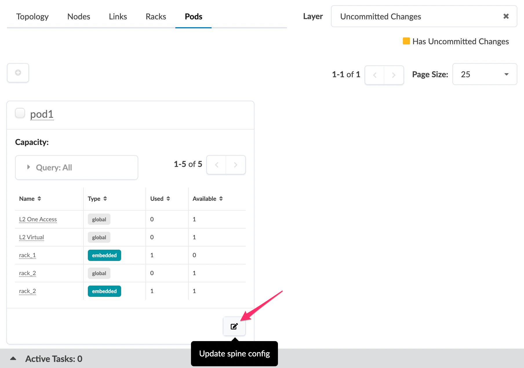 User interface screenshot of network configuration with "Pods" tab showing a table of pod details. Highlighted "Update spine config" button at bottom right.