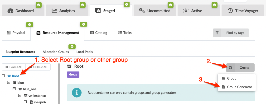 Screenshot of a resource management UI showing a hierarchical structure with a Root group and subgroups like blue and blue_one. Tabs include Dashboard, Analytics, Staged, Uncommitted, Active, and Time Voyager. Instructions for creating new groups are shown, noting that the Root container only holds groups and group generators.