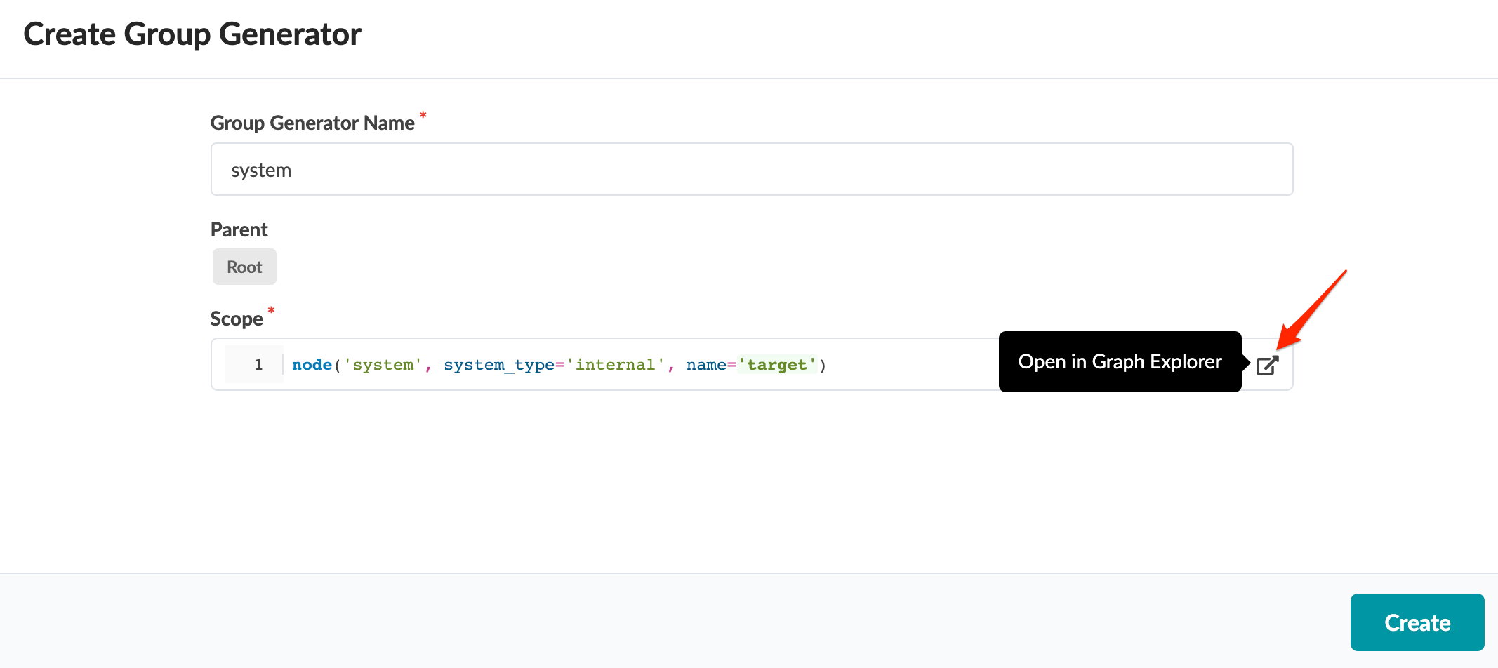 User interface for creating a Group Generator in software with fields for Group Generator Name, Parent, Scope code snippet, Open in Graph Explorer button, and Create button.