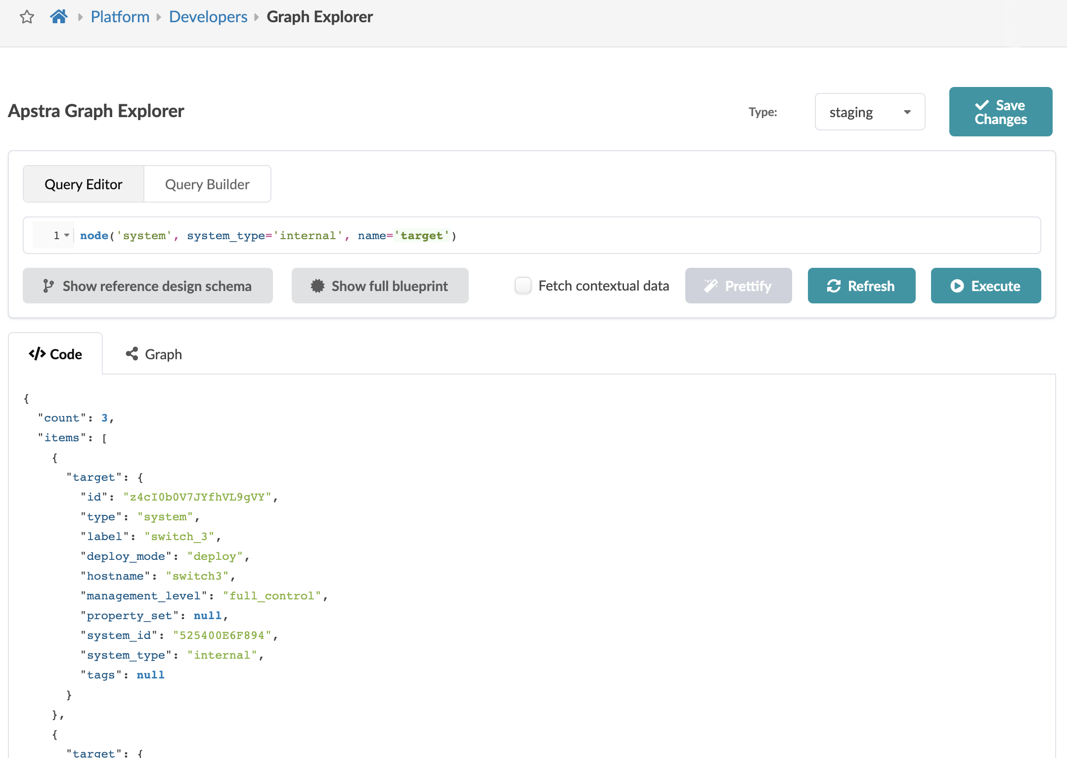 Apstra Graph Explorer interface for querying network blueprints with query editor, JSON output, and action buttons.