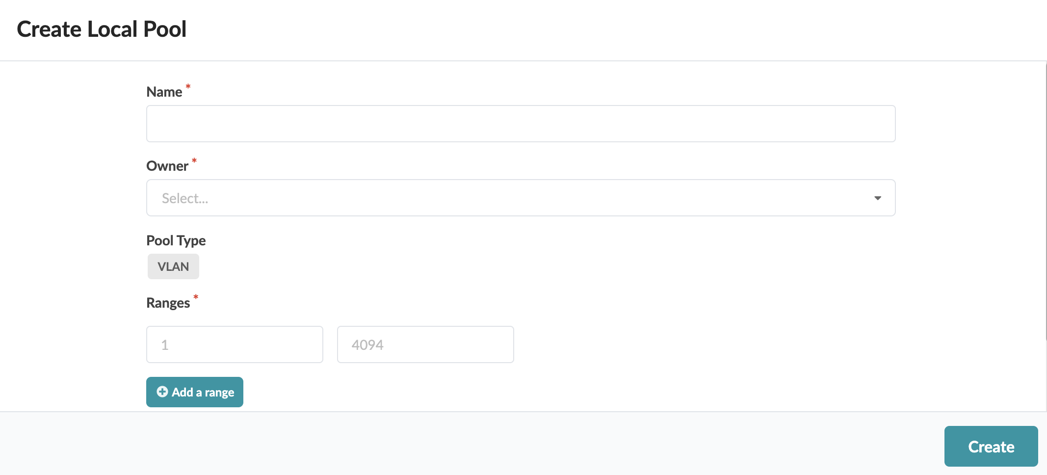 Create Local Pool form interface for configuring network settings with fields for Name, Owner, Pool Type VLAN, Ranges 1-4094, and buttons to add range or create pool.
