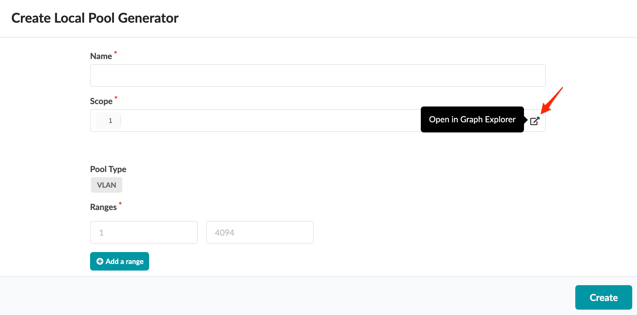 User interface for creating a Local Pool Generator with fields for Name, Scope, Pool Type, Ranges, and a Create Button.