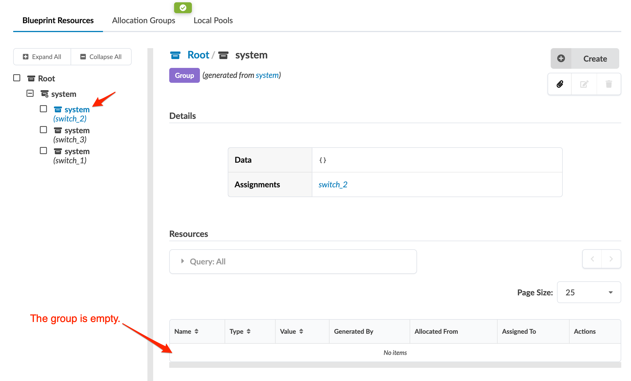 User interface for managing resources with hierarchical structure showing Root and system nodes. Main panel displays details for selected system group, indicating Resources section is empty.