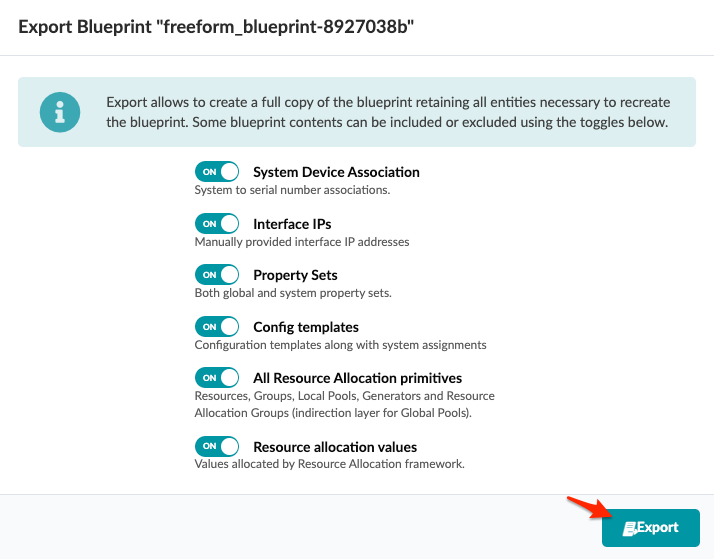 Export interface for blueprint freeform_blueprint-8927038b with toggle options for components like system device association, interface IPs, property sets, config templates, resource allocation primitives, and values. All options set to ON. Export button at bottom right.