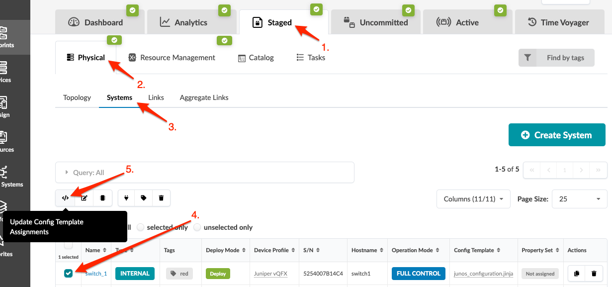 Juniper Apstra interface showing 'Staged' mode in 'Physical' tab, 'Systems' sub-tab with selected system 'switch_1': Juniper vQFX, Deploy mode 'Deploy', hostname 'switch1', full control mode.