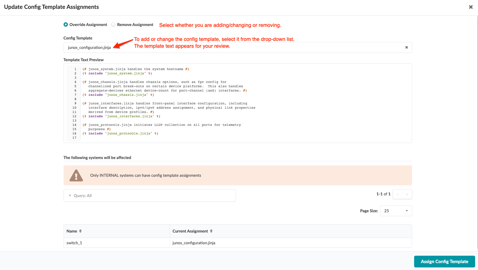 Update Config Template Assignments interface with options to override or remove templates, config template dropdown, template preview, affected systems table, and assign button.