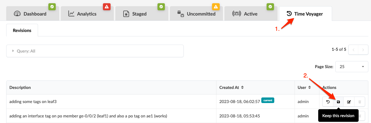 Web interface for managing revisions; Time Voyager tab selected; table shows revisions with description, created at, user, and actions columns; highlighted action allows reverting to a previous revision.