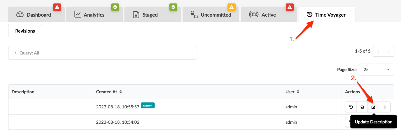 User interface of software showing Time Voyager tab with Revisions section listing entries with descriptions, dates, user info, and action icons for revert, save, edit, and delete. Update Description tooltip visible.