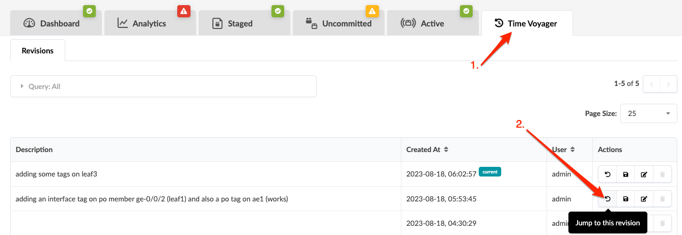 Web interface for managing revisions with highlighted Time Voyager tab and Jump to this revision button in revisions table.