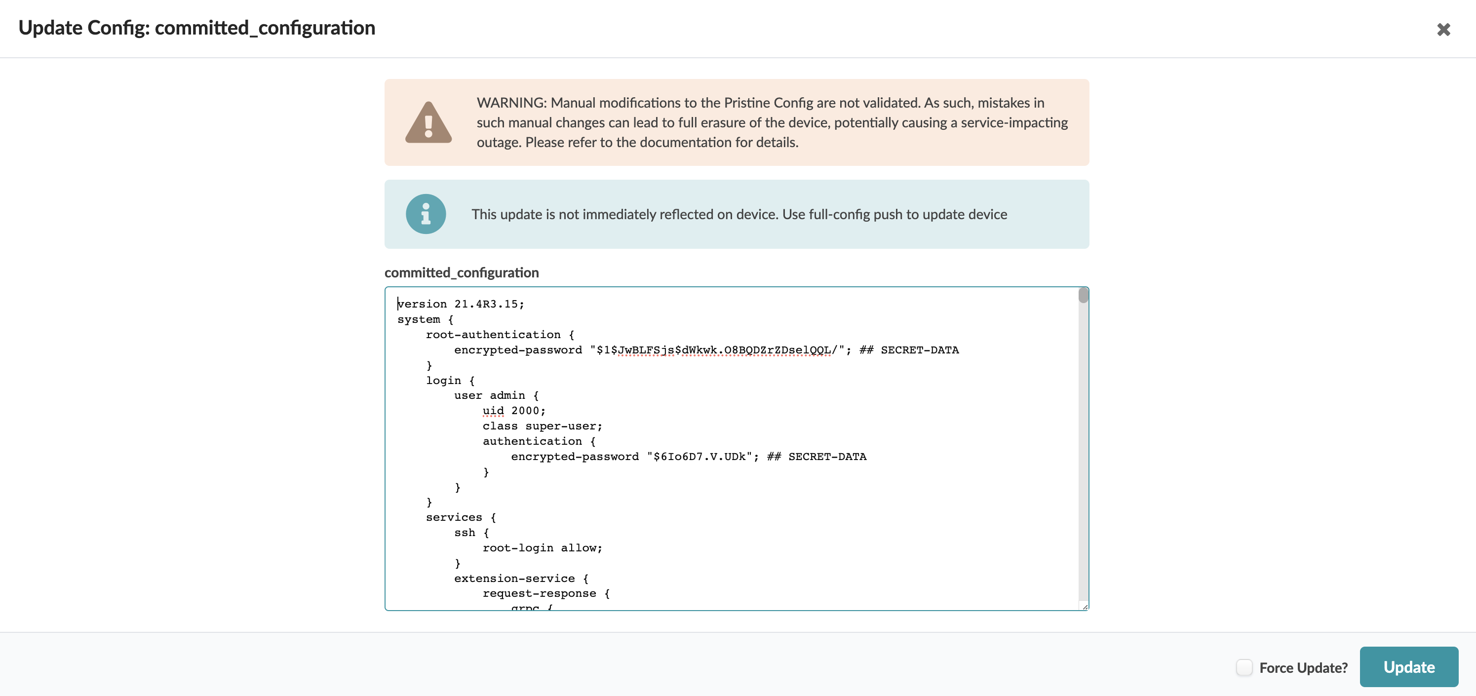 Update Config interface with warning about manual changes, info on device update delay, config code for version 21.4R3.15, and action buttons.