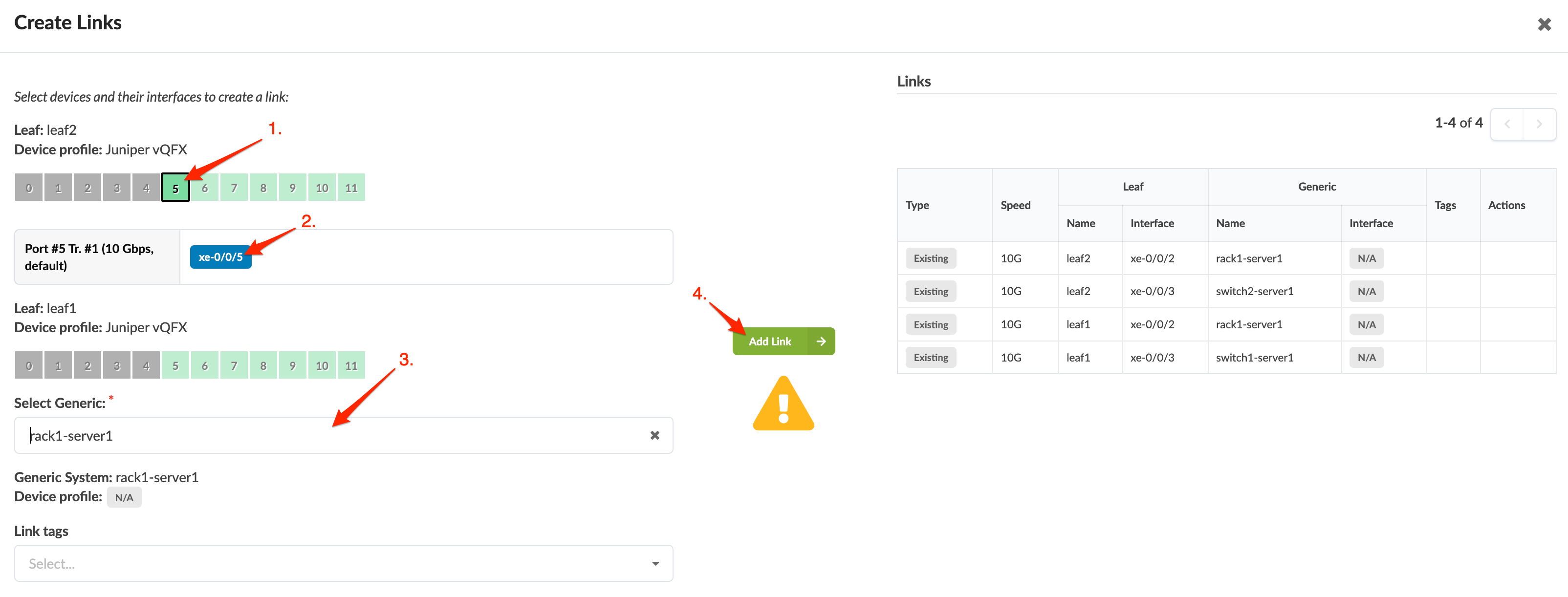 Network configuration interface showing port xe-0/0/5 on leaf2 selected, connecting to rack1-server1. Add Link button available.