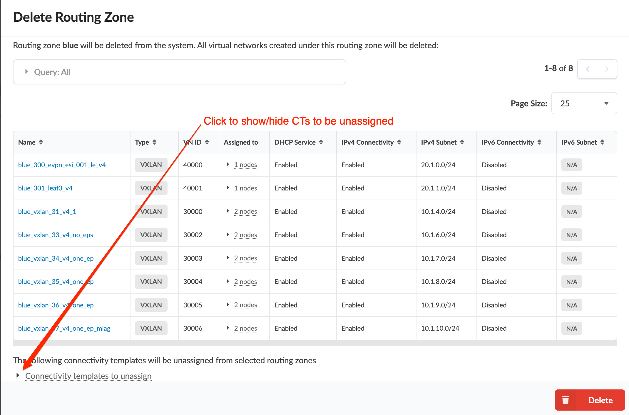 User interface for deleting a routing zone with details like Name, Type, and more. Red arrow highlights show/hide connectivity templates option. Red Delete button at bottom right.