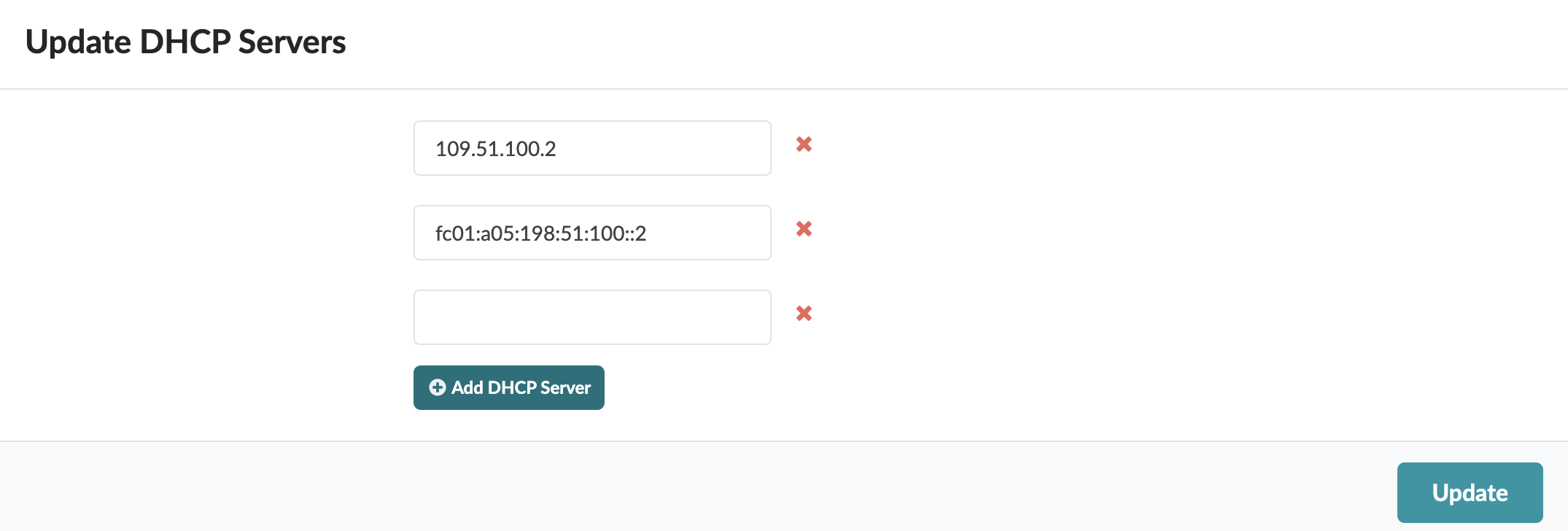 User interface for updating DHCP servers with title Update DHCP Servers, input fields for IP addresses, red X buttons for removal, Add DHCP Server button, and Update button.