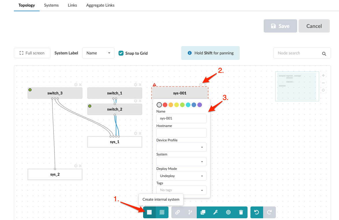 GUI for managing network topology with highlighted node sys-001 and properties panel. Toolbar includes create node and save options.