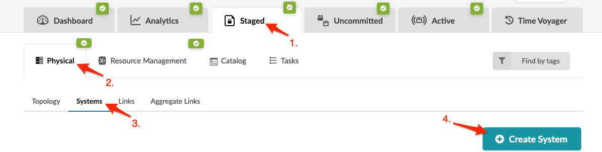 User interface for system management with "Staged" and "Physical" sections highlighted, and "Create System" button visible.