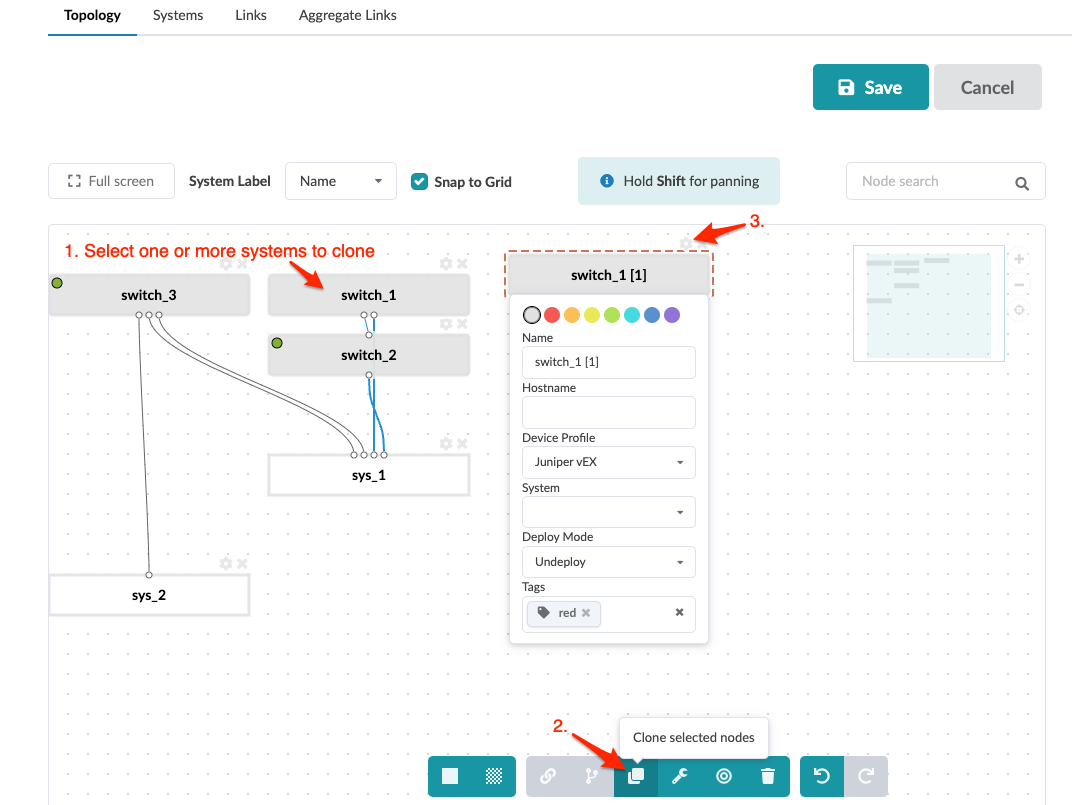 Network topology GUI with nodes switch_1, switch_2, switch_3, sys_1, and sys_2 connected by links. Instructions for cloning nodes and node properties panel displayed. Toolbar includes tools for interacting with topology.