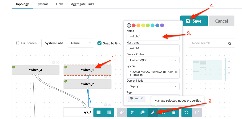 Network topology interface with nodes switch_1, switch_2, switch_3, and sys_1 connected by lines. Node switch_1 is highlighted with a pop-up showing editable properties like name, hostname, and tags. Toolbar for managing topology at the bottom. Save and Cancel buttons at the top right.