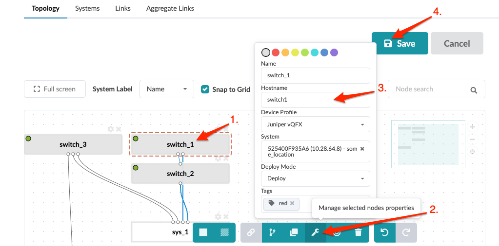 Network topology editor with switch_1 highlighted and properties panel open for configuration.