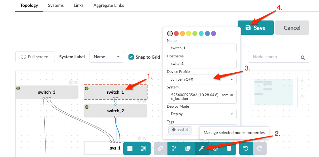 Network management GUI showing a topology diagram with labeled devices and connections. Node properties panel open for switch_1 with editable fields and save button highlighted.