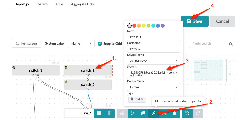 Network topology interface showing nodes switch_1, switch_2, switch_3, sys_1, with connections. Node Properties Panel open for switch_1. Save and Cancel buttons visible.