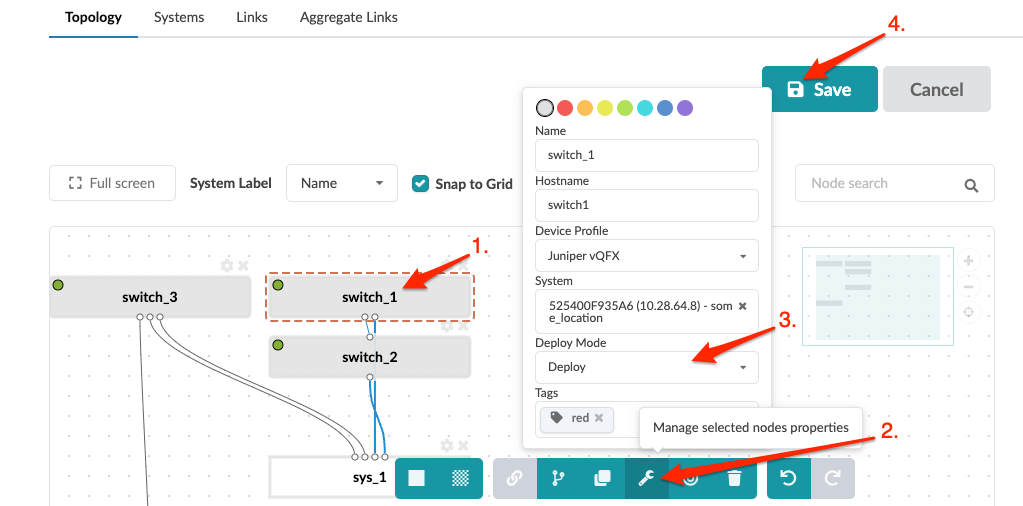 Configuring network topology in a GUI with a selected switch node. Node Properties Panel shows editable fields including Name, Hostname, Device Profile, and Deploy Mode. Save button at top-right.