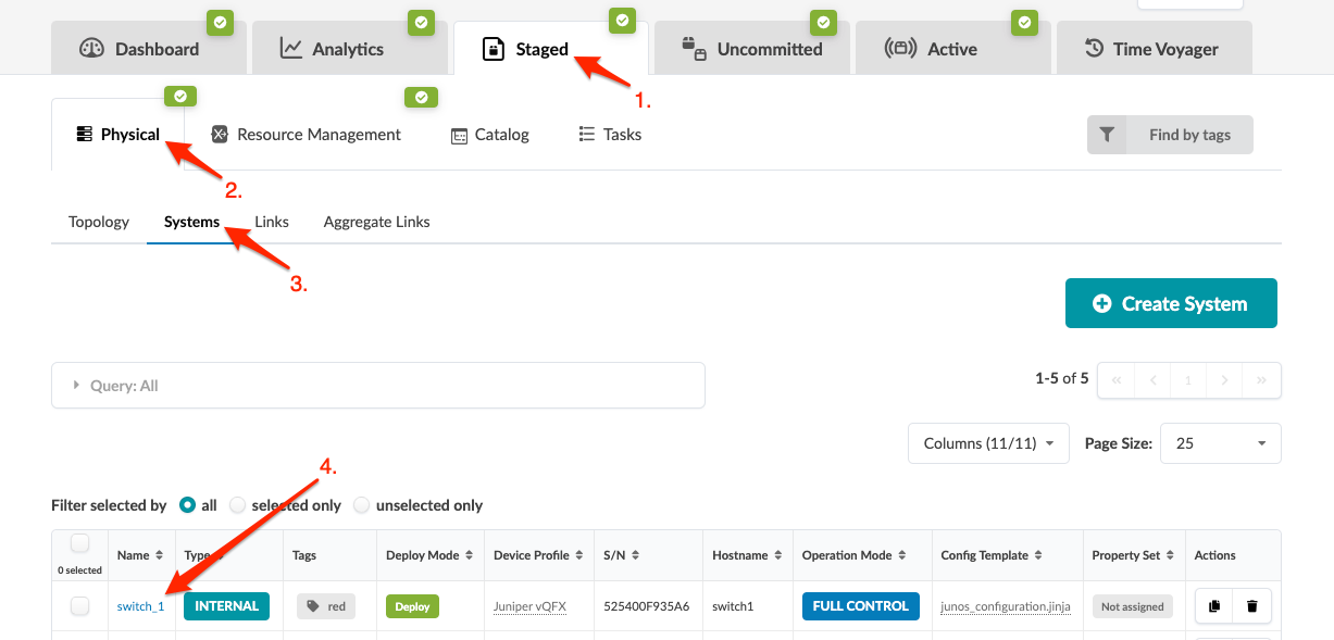 Network management interface with tabs for Dashboard, Analytics, and more; Systems sub-tab selected with highlighted system switch_1 details.