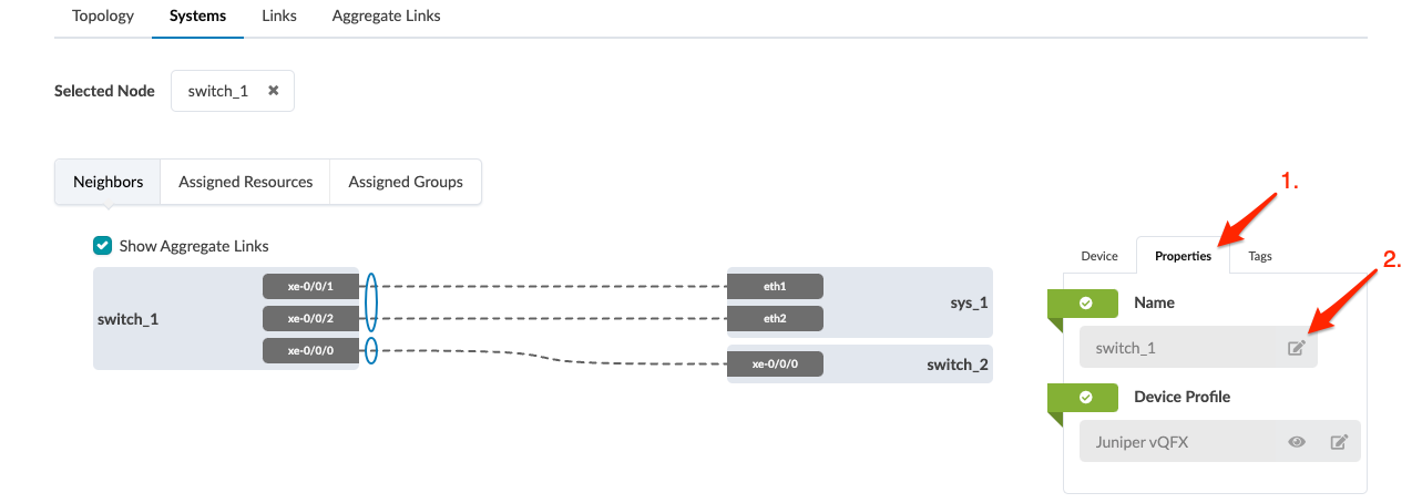 Network management interface showing switch_1 selected with connections to sys_1 and switch_2. Right panel displays switch_1 properties, including name and Juniper vQFX device profile. Tabs for Topology, Systems, Links, and Aggregate Links. Aggregate links checkbox checked.