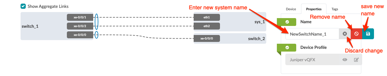 GUI for managing network devices: Network diagram with switch_1 connected to sys_1 and switch_2. Properties panel to edit device name and profile.