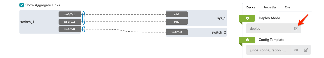 Network topology diagram showing switch_1 with three interfaces connected to sys_1 and switch_2. Configuration panel on the right with deploy mode and junos_configuration template. Checkbox for show aggregate links is checked.