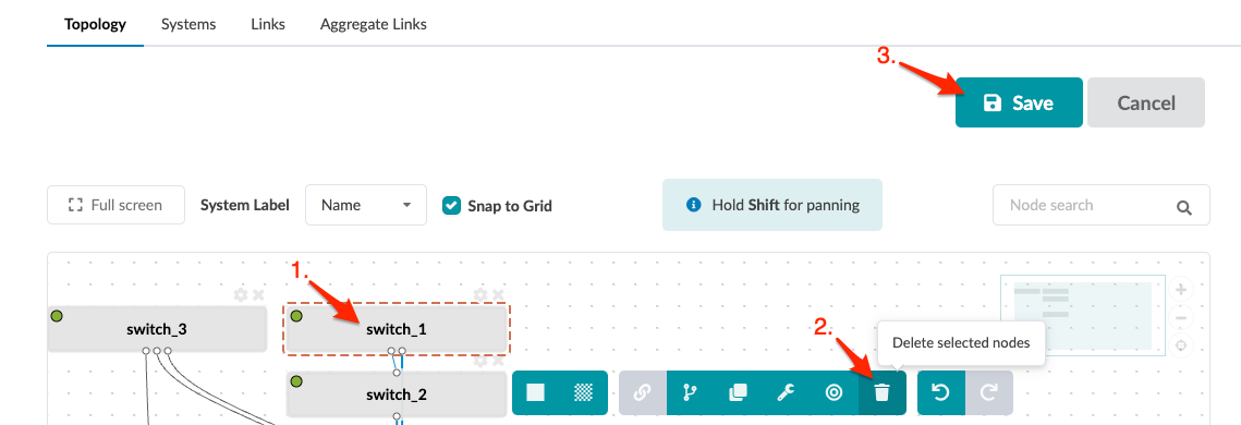 Graphical user interface for network topology management with selected switch_1, toolbar options including delete and save, and navigation tabs.