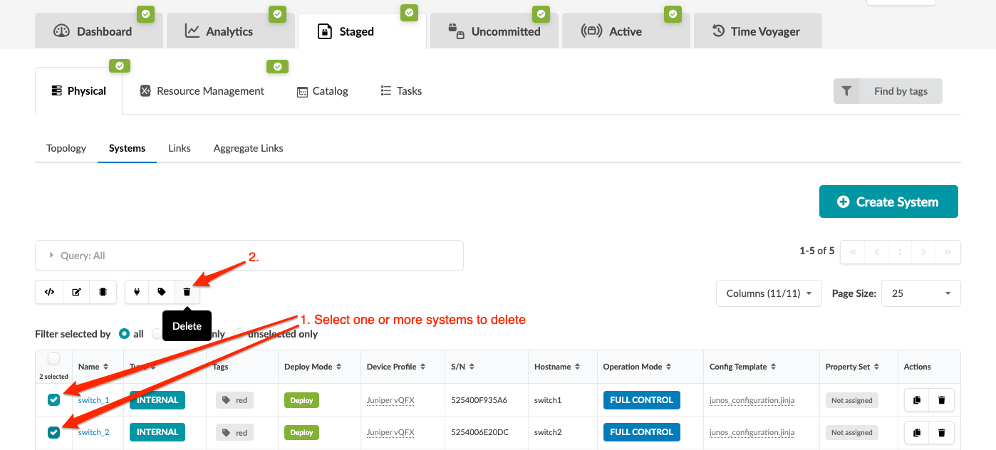 Web-based management interface showing a table of network systems with details like name, type, and deployment status. Highlighted instructions guide deleting selected systems, with checkboxes checked for switch_1 and switch_2. Tabs at the top include Dashboard and Analytics.