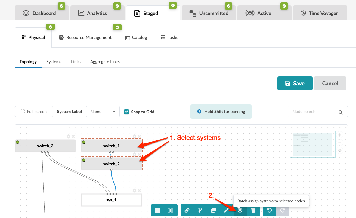 Network topology interface showing selected switch_1 and switch_2 with batch assign systems button highlighted.